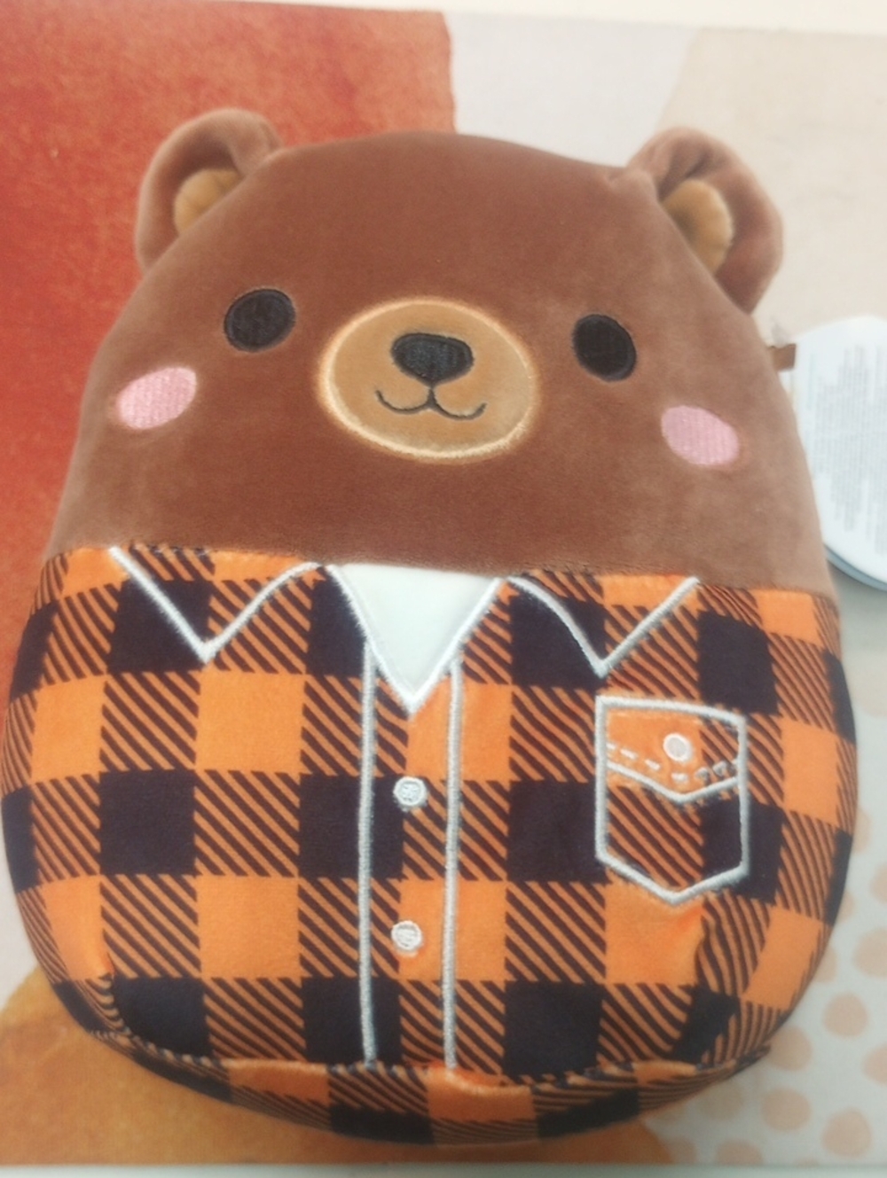 Brown Bear Plush with Orange Plaid Shirt